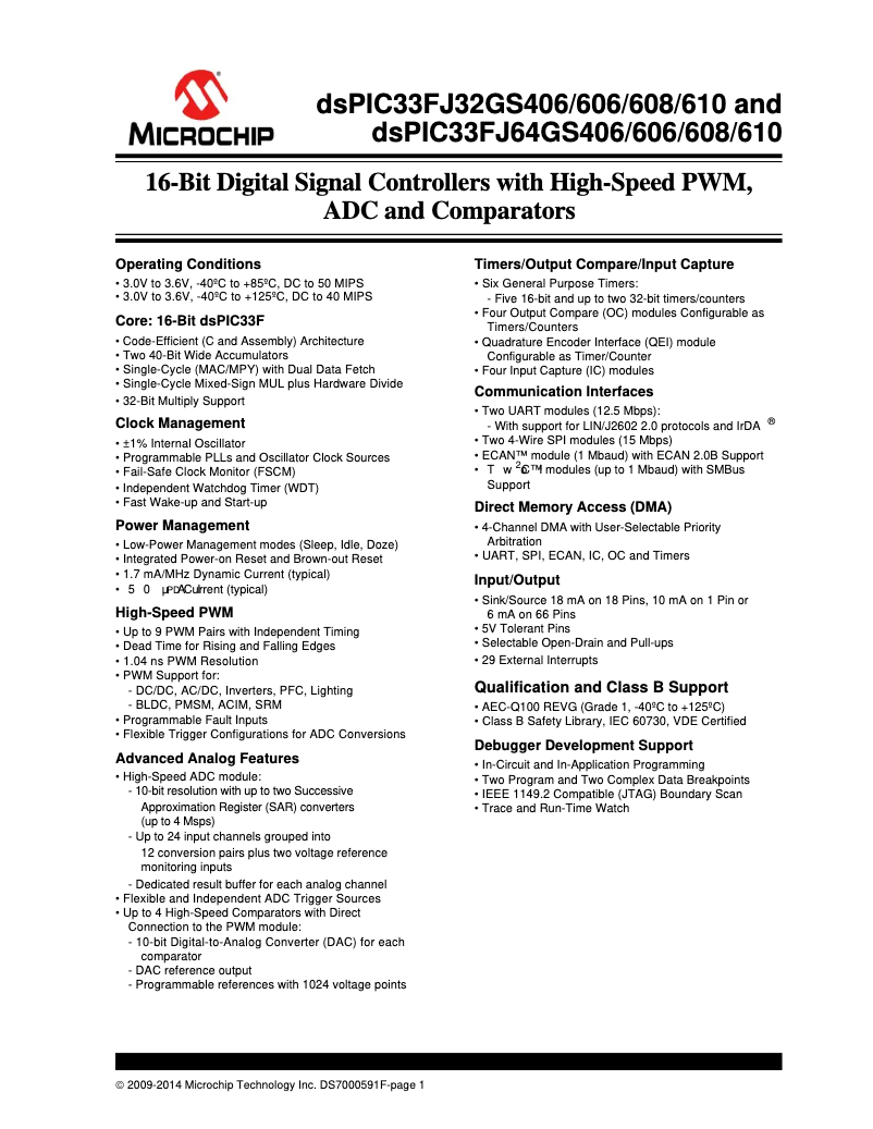 Page 1 de la notice Fiche technique Microchip dsPIC33FJ32GS610