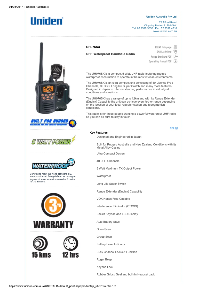 Page n°1 - Manuel utilisateur Uniden UH076SX