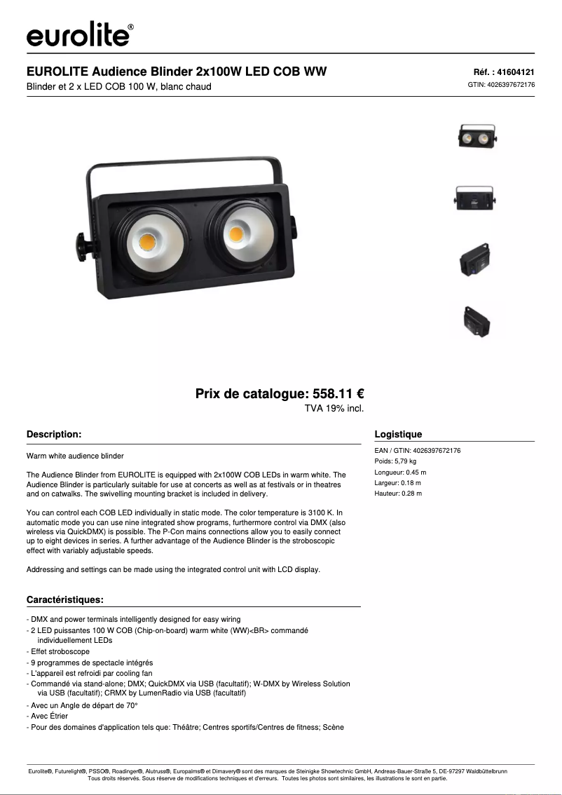 Page 1 de la notice Fiche technique Eurolite Audience Blinder 2x100W LED COB WW