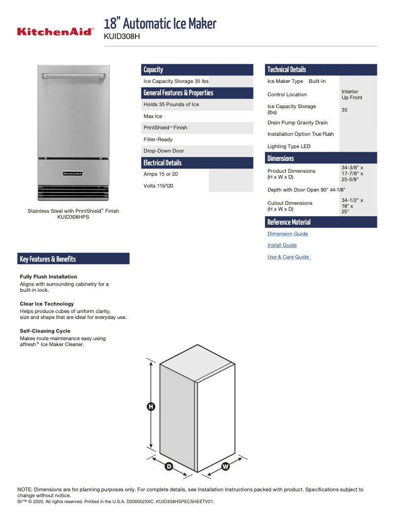 Página 1 del manual Ficha técnica KitchenAid KUID308HPS
