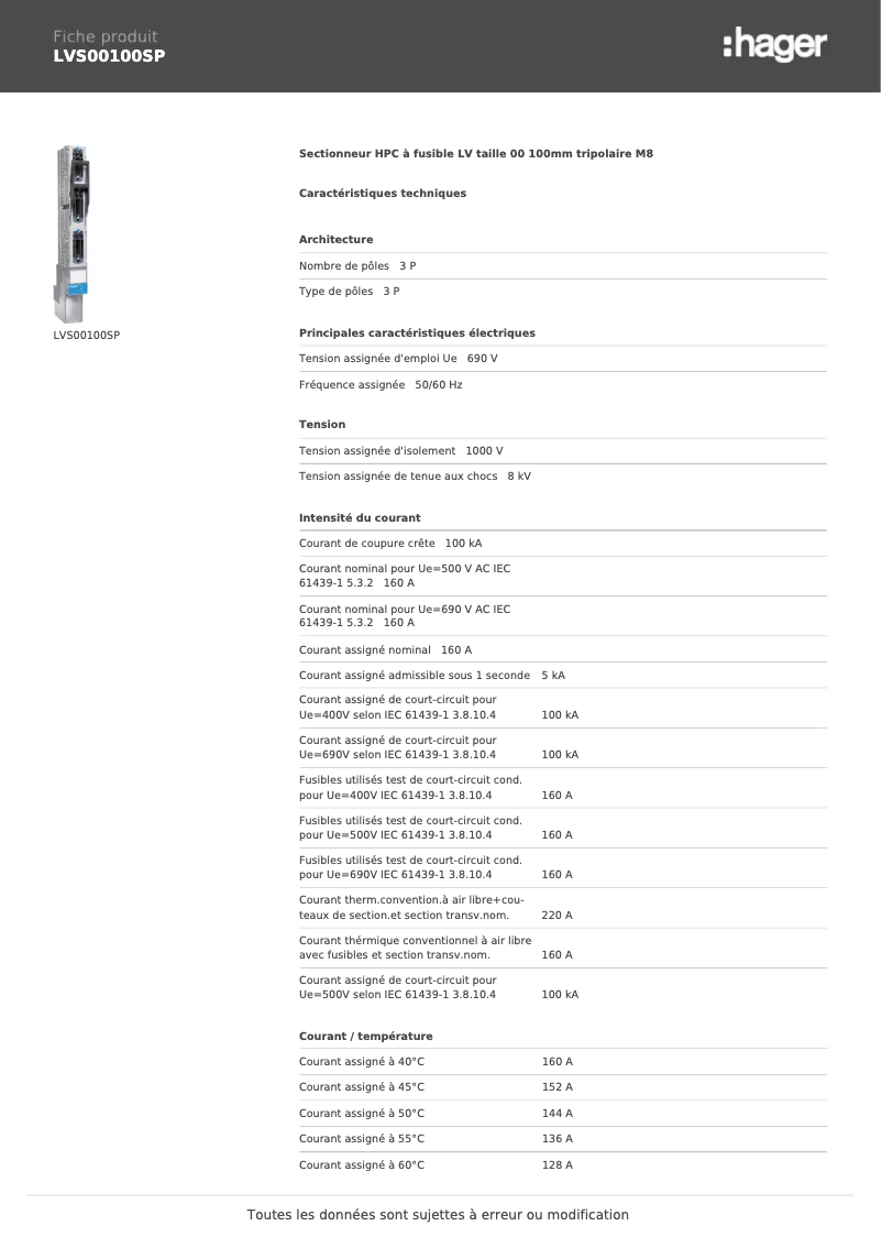 Page 1 de la notice Fiche technique Hager LVS00100SP