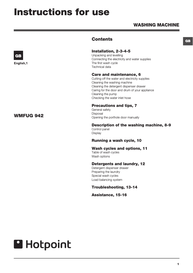 Page n°1 - Manuel utilisateur Hotpoint WMFUG 942G UK