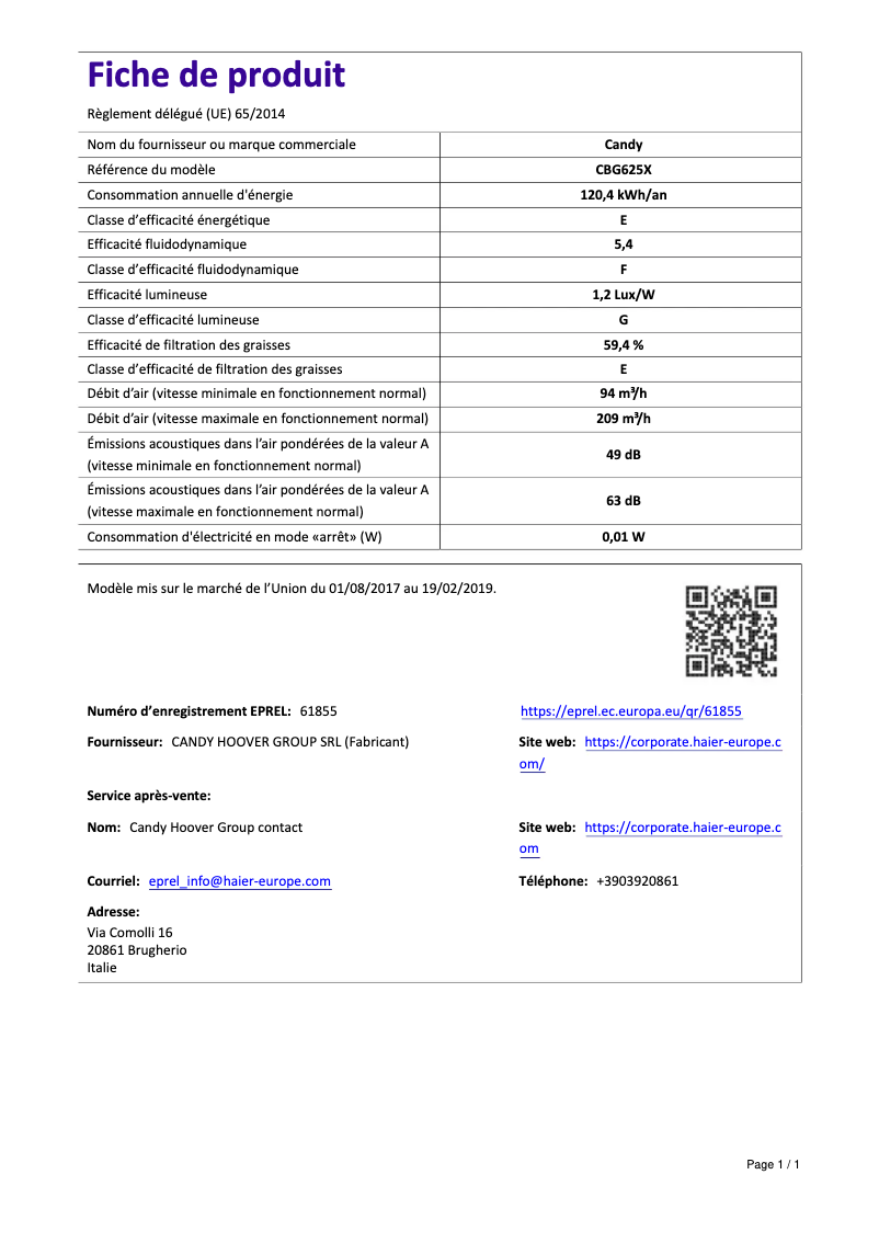 Page 1 de la notice Manuel utilisateur Candy CBG625X