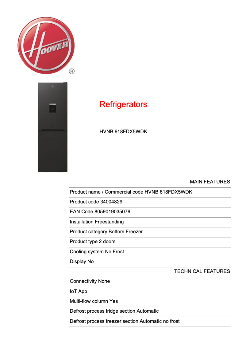 Page n°1 - Fiche technique Hoover HVNB 618FDX5WDK