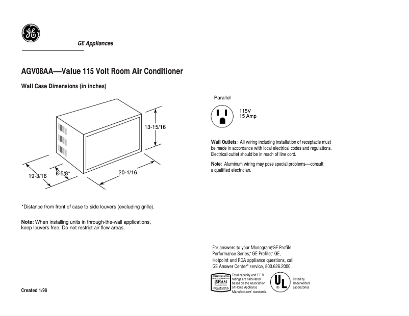 Page 1 de la notice Fiche technique GE AGV08AA