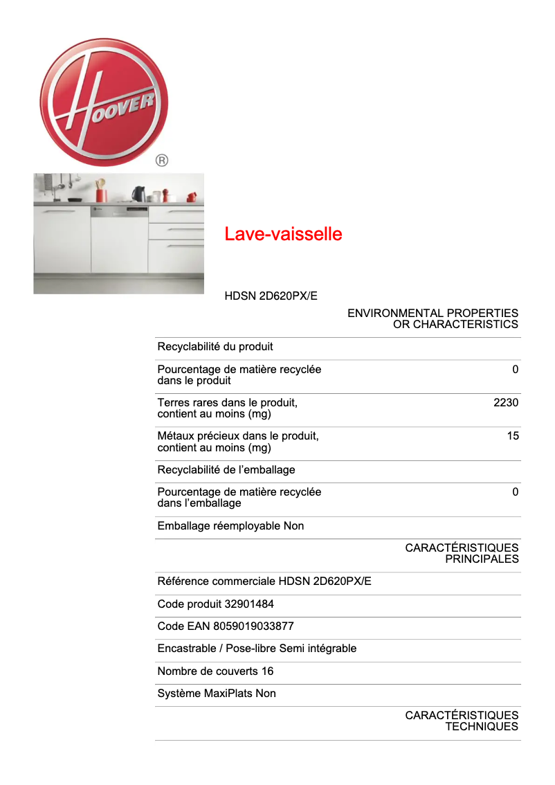 Page 1 de la notice Fiche technique Hoover H-DISH 500 HDSN 2D620PX/E