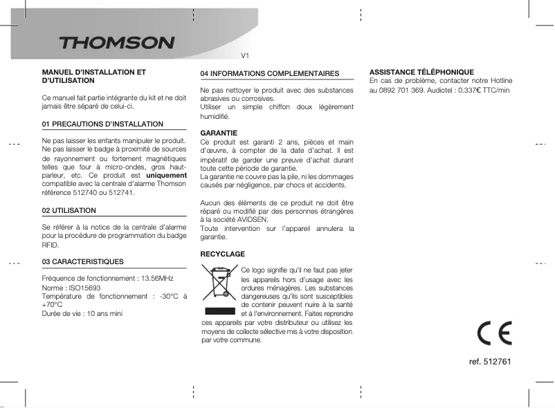 Page 1 de la notice Manuel utilisateur Thomson 512761