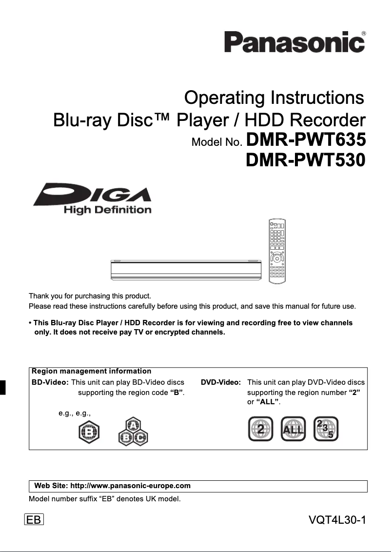 Page n°1 - Manuel utilisateur Panasonic DMR-PWT635