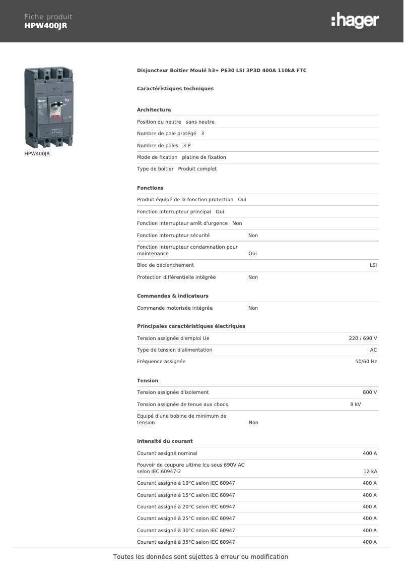 Page n°1 - Fiche technique Hager HPW400JR