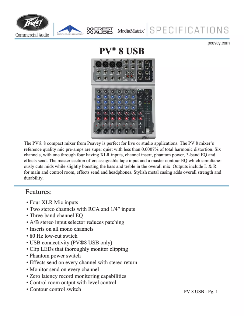 Page 1 de la notice Fiche technique Peavey PV 8 USB