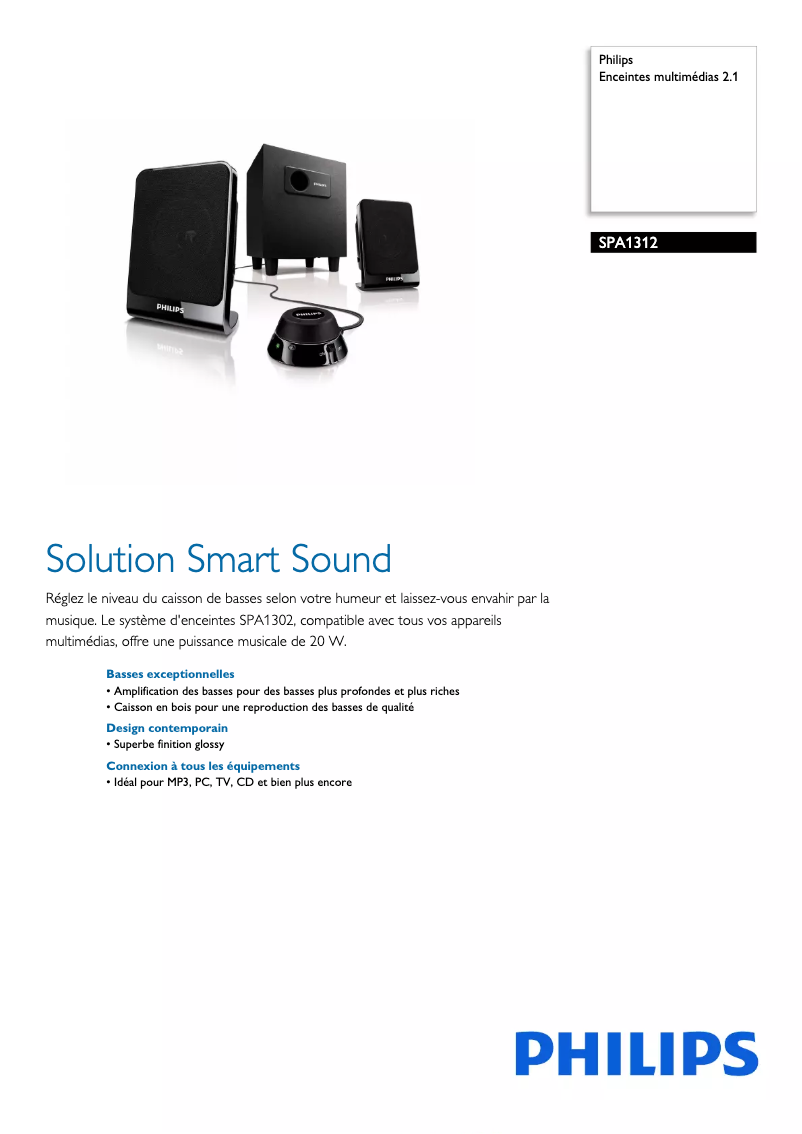 Page 1 de la notice Fiche technique Philips SPA1312