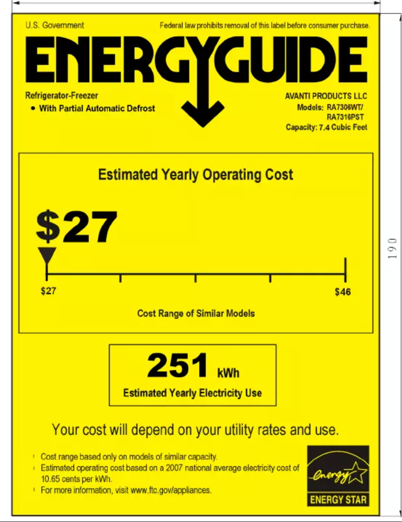 Page 1 de la notice Label énergétique Avanti RA7306WT