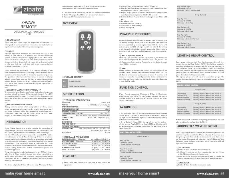 Page 1 de la notice Manuel utilisateur Zipato PH-PSR03.EU