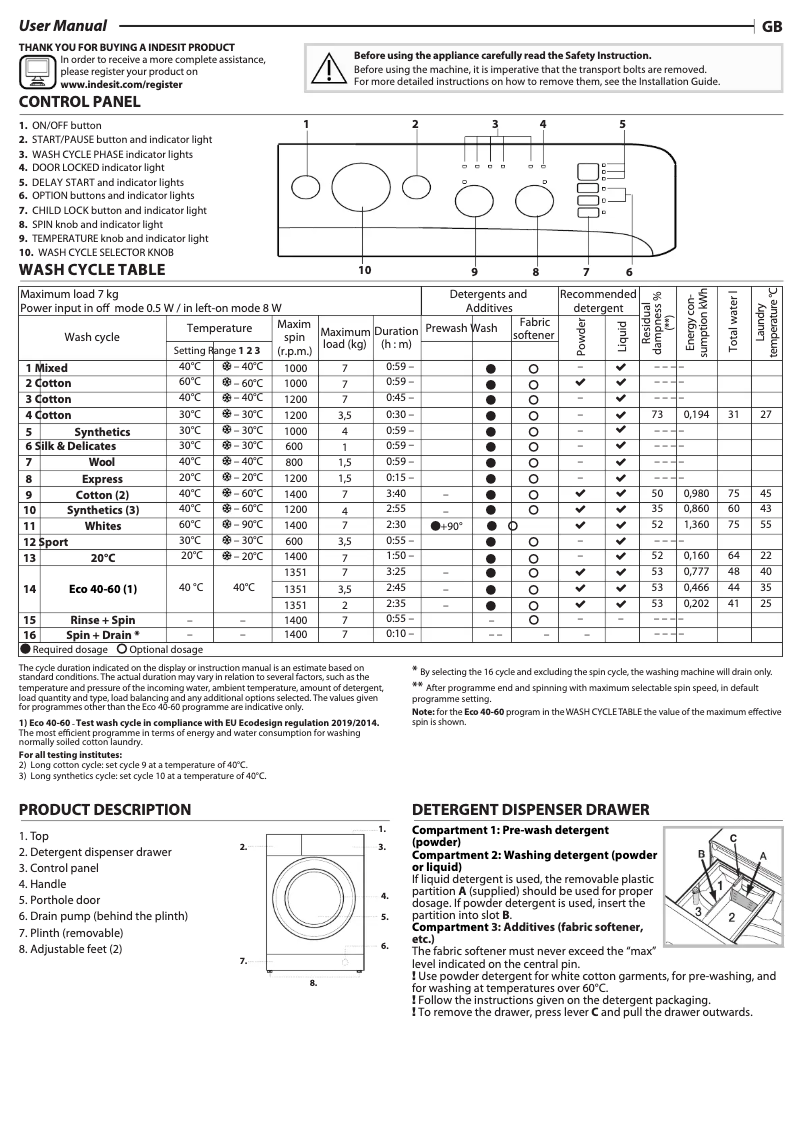 Page 1 de la notice Manuel d'utilisation et d'entretien Indesit MTWC 71485 W UK