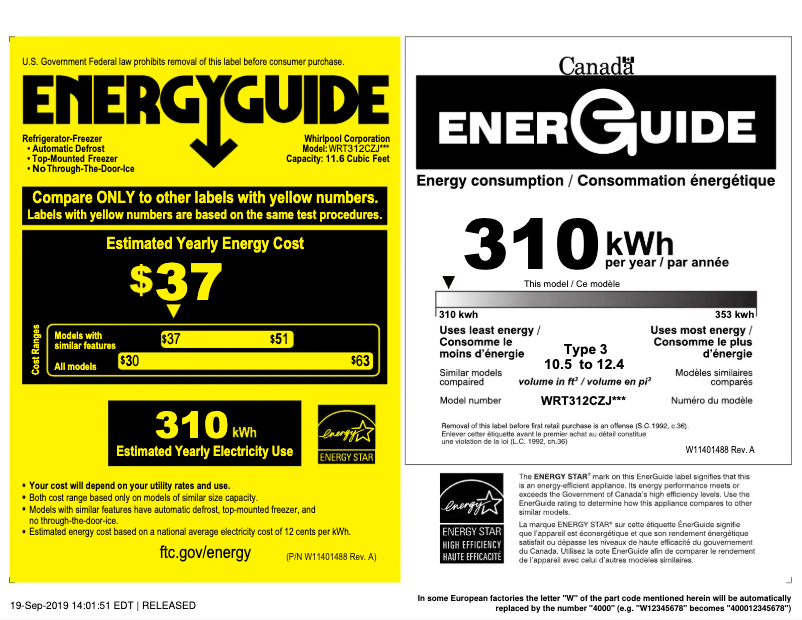 Page 1 de la notice Label énergétique Whirlpool WRT312CZJV