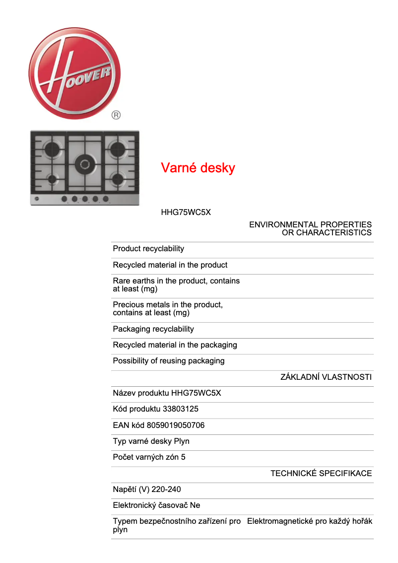 Page 1 de la notice Fiche technique Hoover HHG75WC5X