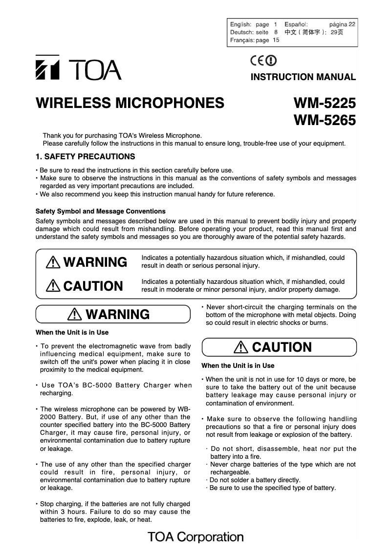 Page 1 of the manual User Manual TOA WS-5265