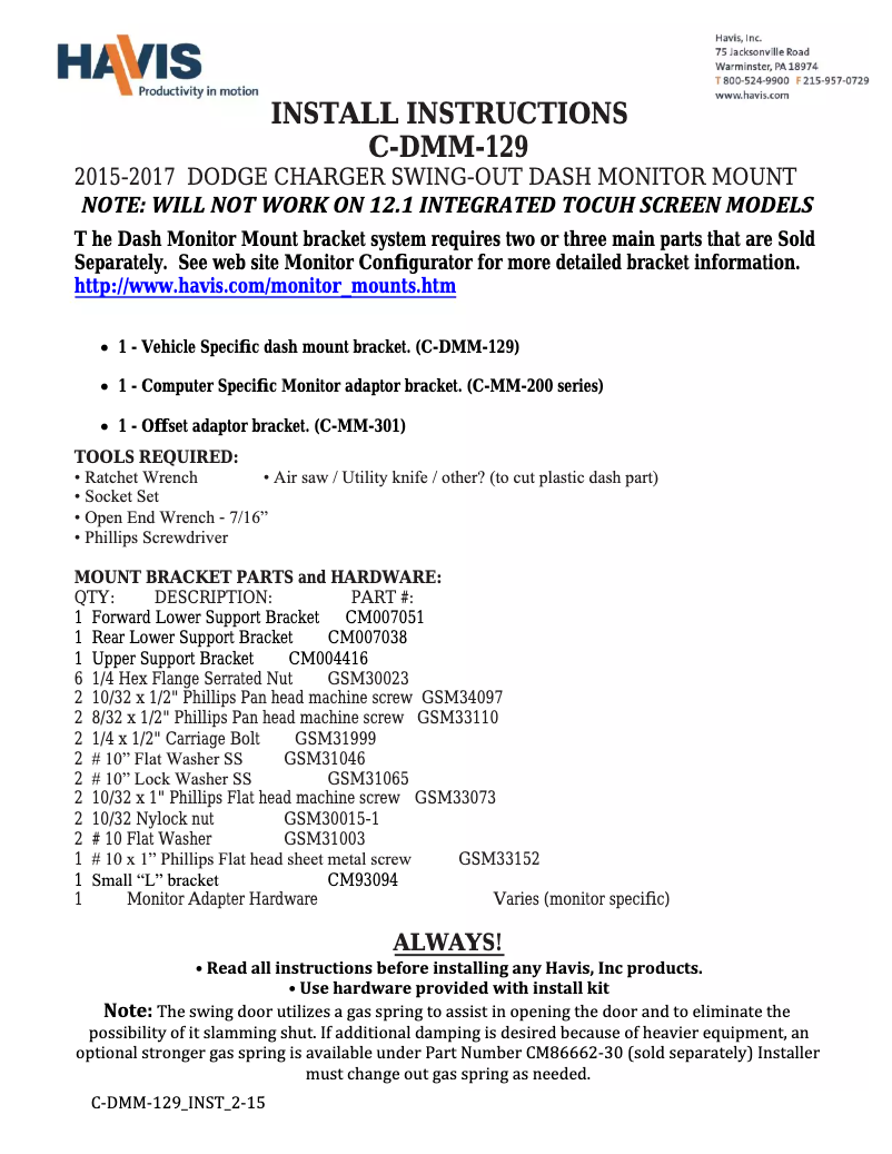 Page 1 de la notice Manuel utilisateur Havis C-DMM-129