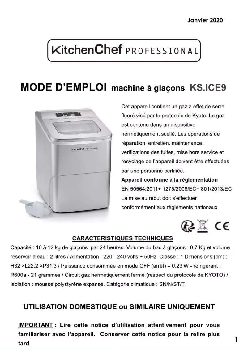 Page 1 de la notice Manuel utilisateur Kitchen Chef KS-ICE9