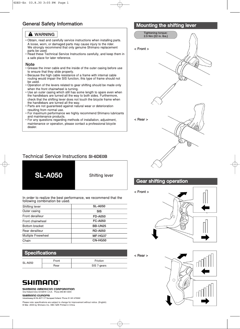 Page 1 de la notice Manuel utilisateur Shimano SL-A050-LN