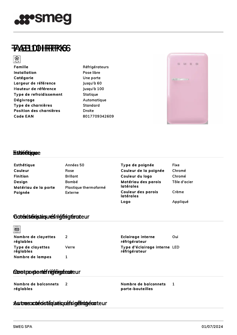 Page 1 de la notice Fiche technique Smeg FAB10HRPK6