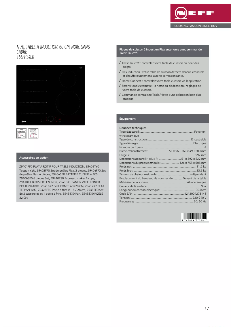 Page n°1 - Fiche technique Neff T66FHE4L0