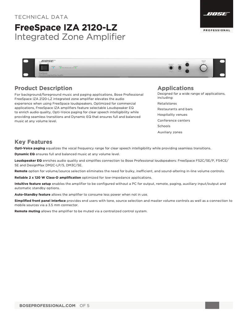 Page 1 de la notice Fiche technique Bose FreeSpace IZA 2120-LZ
