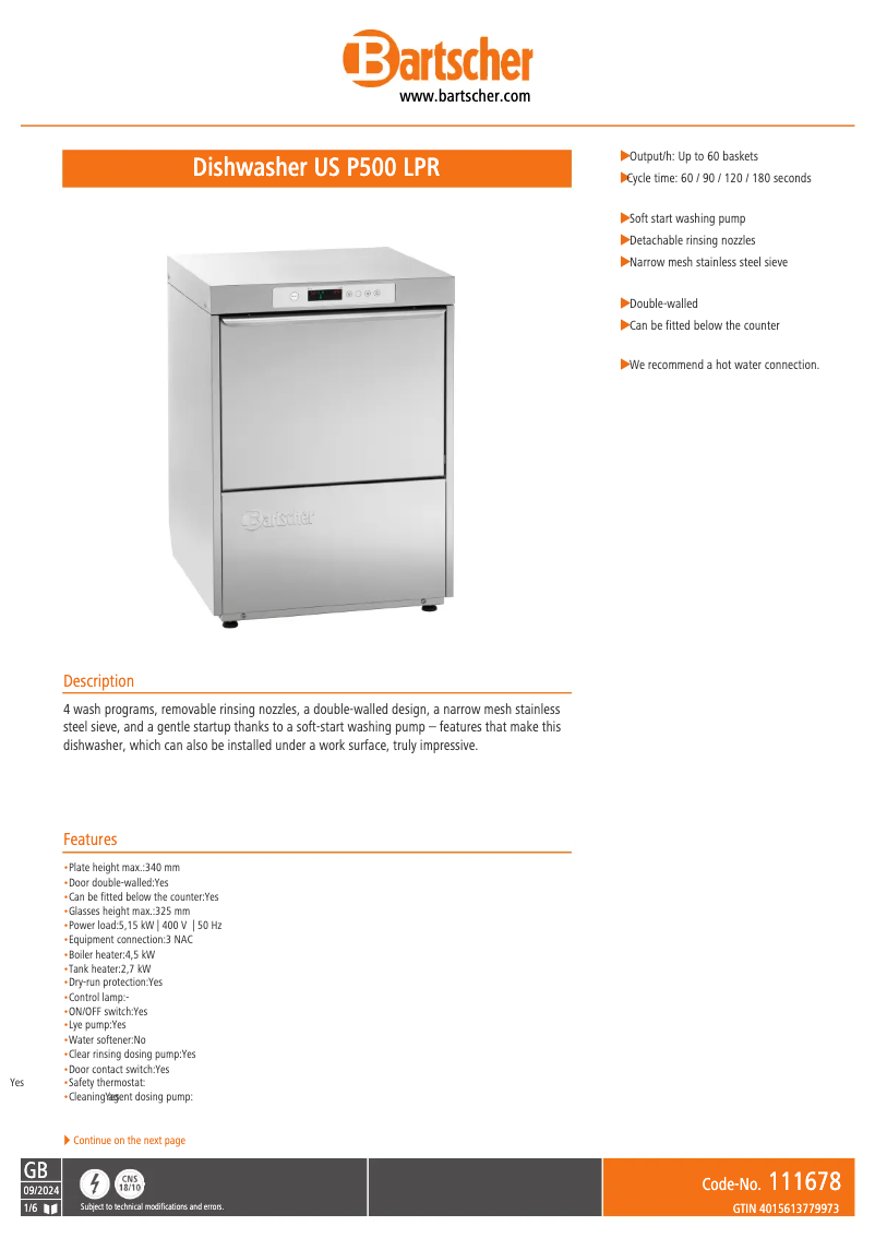 Page n°1 - Fiche technique Bartscher TF 527 LPR