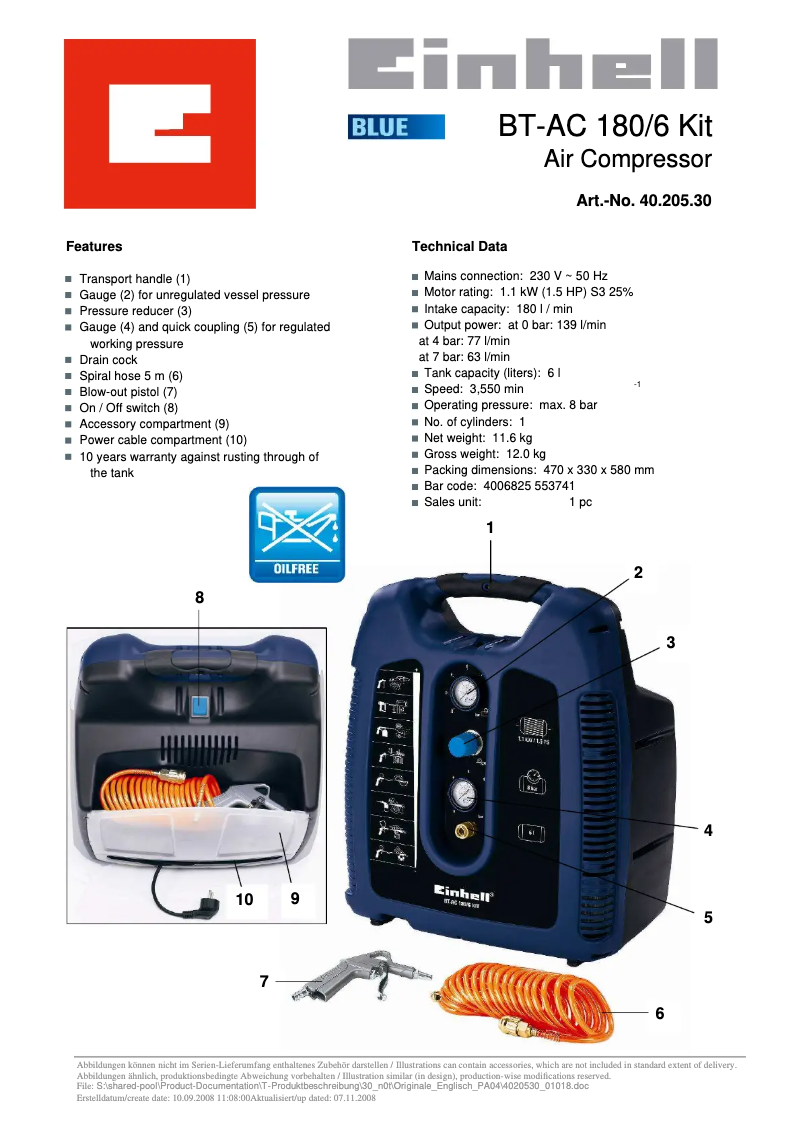 Página 1 del manual Manual de usuario Einhell BT-AC 180/6 Kit