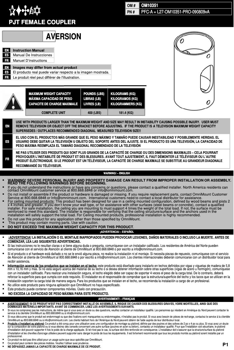 Page 1 de la notice Manuel utilisateur OmniMount OMN-PFC