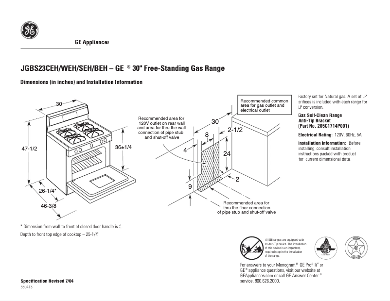 Page 1 of the manual Technical Sheet GE JGBS23SEHSS