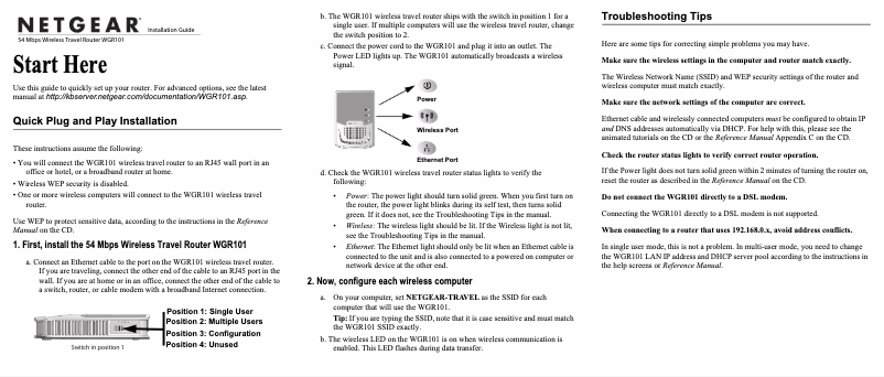 Page 1 de la notice Guide d'installation Netgear WGR101