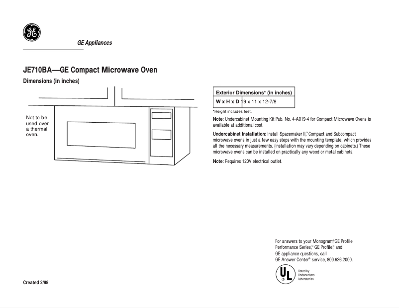 Página 1 del manual Ficha técnica GE JE710BA