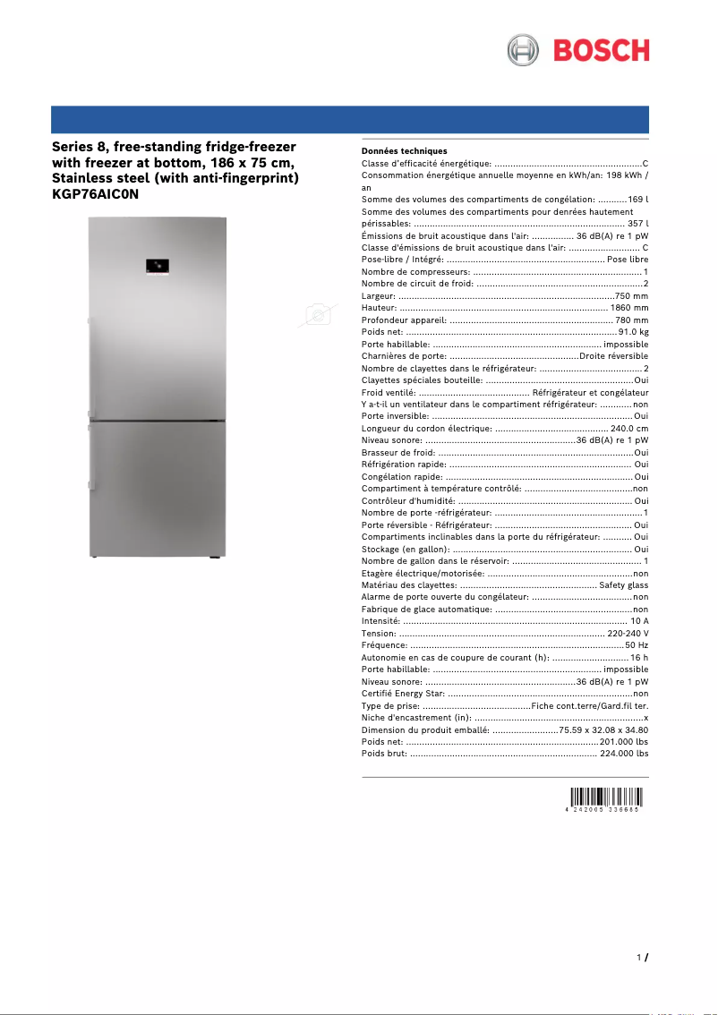Page n°1 - Fiche technique Bosch KGP76AIC0N