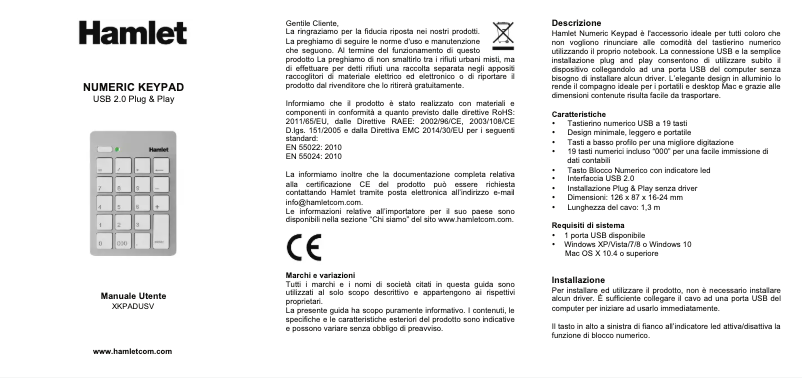 Page n°1 - Manuel utilisateur Hamlet XKPADUSV