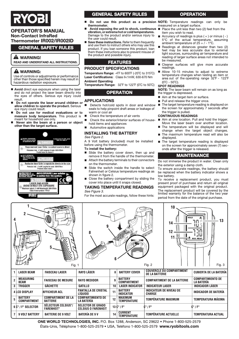 Page 1 de la notice Manuel utilisateur RYOBI IR002