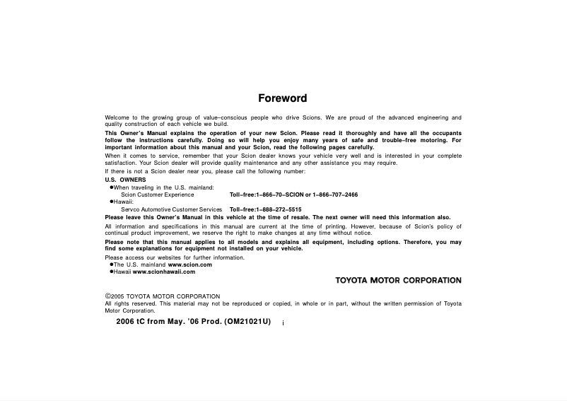 Page 1 de la notice Manuel utilisateur Scion tC (2006)