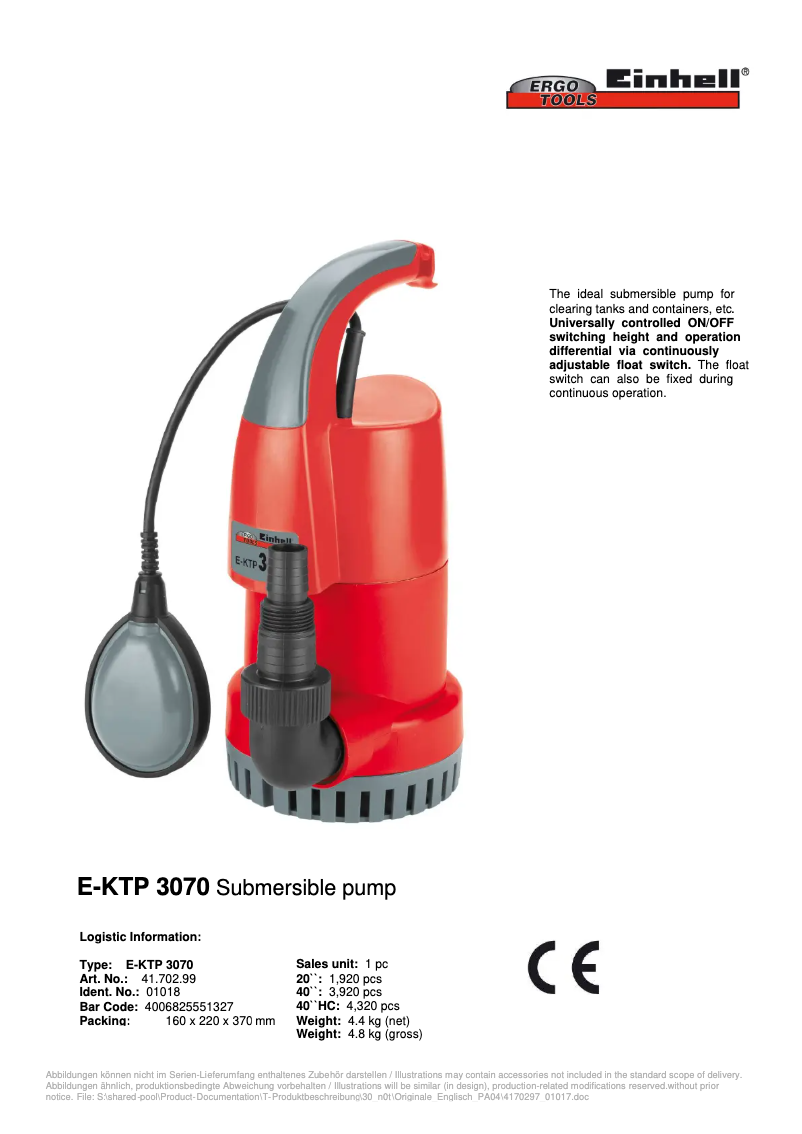 Page n°1 - Manuel utilisateur Einhell E-KTP 3070
