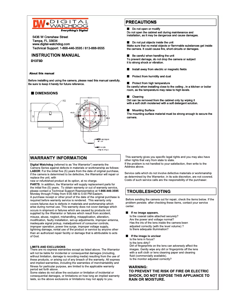 Image de la première page du manuel de l'appareil DWC-D1373D