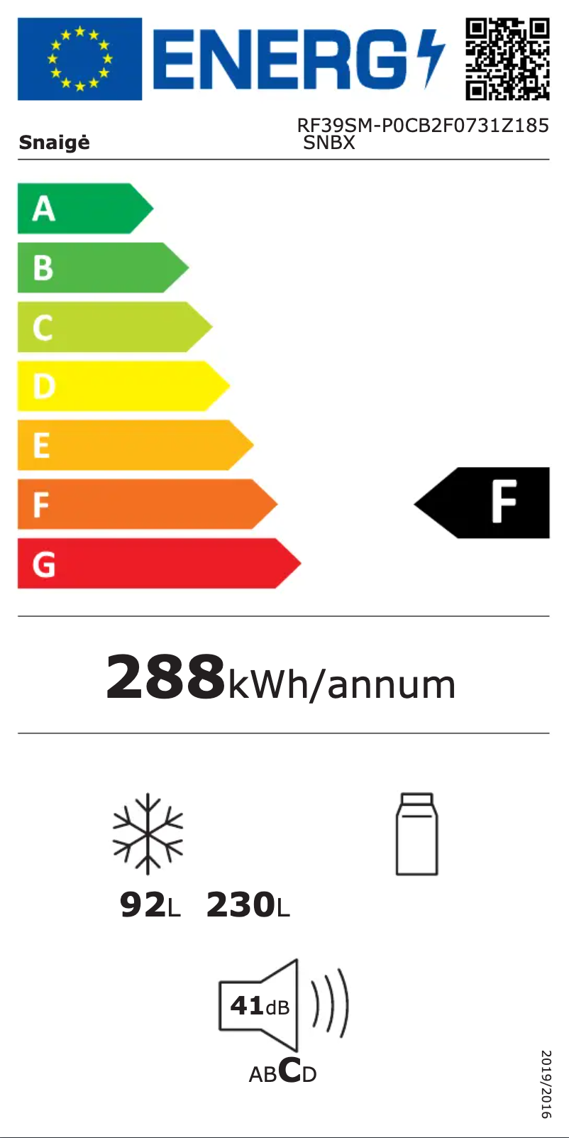 Page n°1 - Label énergétique Snaigė Ice Logic RF39SM-P0CB2F0