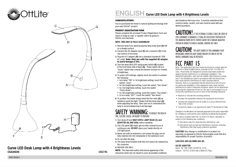 Page 1 de la notice Manuel utilisateur OttLite Creative Curves Clear Sun