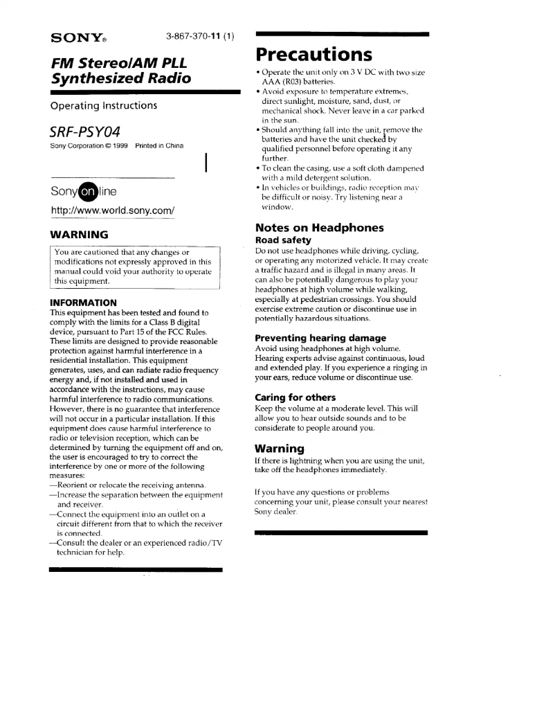 Page n°1 - Manuel utilisateur Sony SRF-PSY04