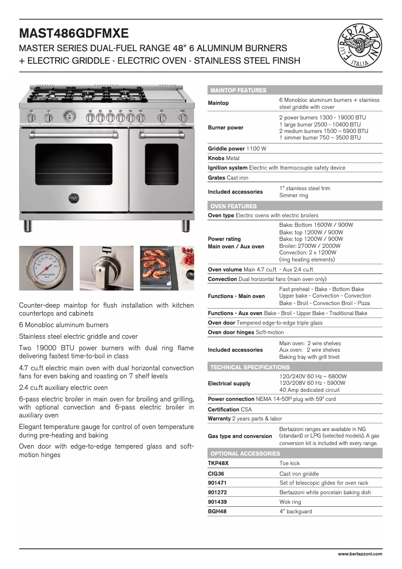 Page 1 de la notice Fiche technique Bertazzoni MAST486GDFMXE