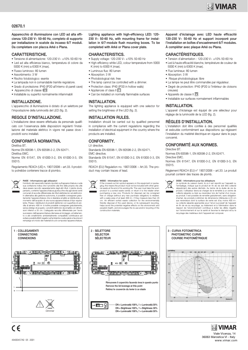 Page 1 de la notice Manuel utilisateur Vimar 02670.1