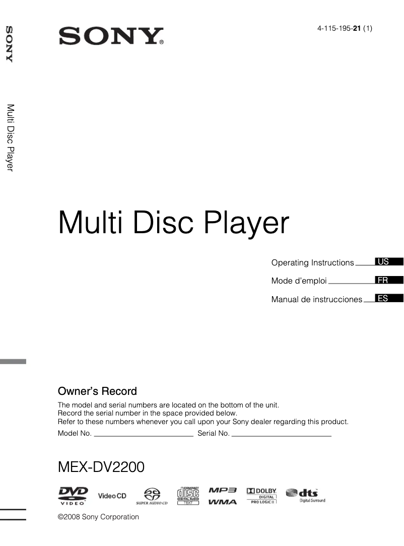 Page 1 de la notice Manuel utilisateur Sony MEX-DV2200