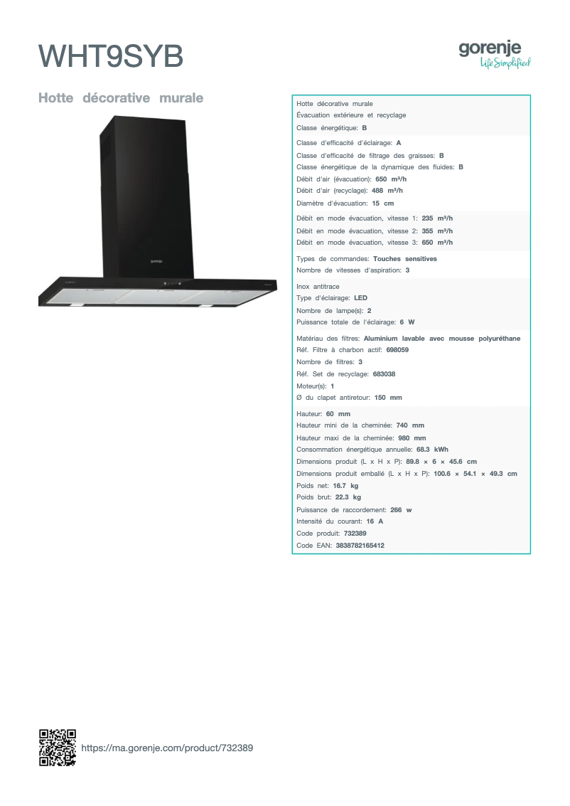Page 1 de la notice Fiche technique Gorenje WHT9SYB