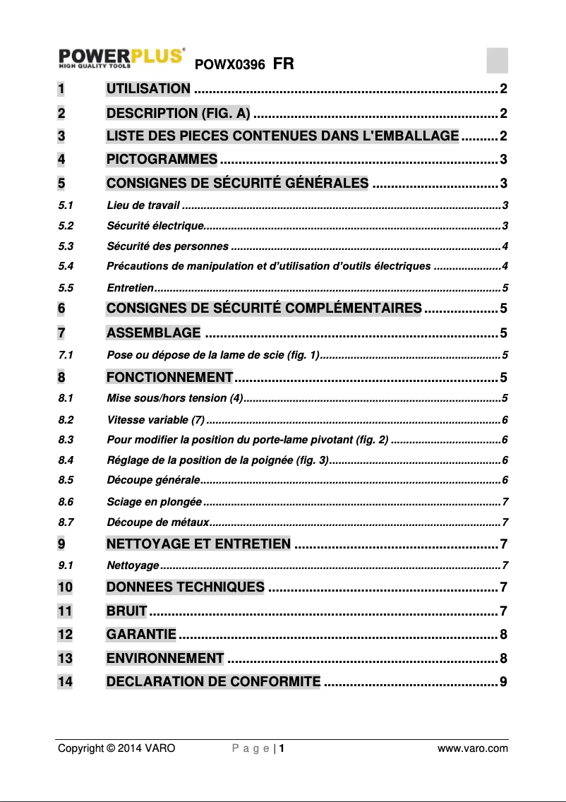 Page 1 de la notice Manuel utilisateur PowerPlus POWX0396