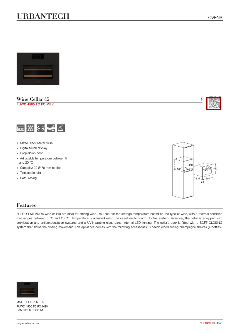 Page 1 de la notice Fiche technique Fulgor Milano FUWC 4500 TC FO MBK