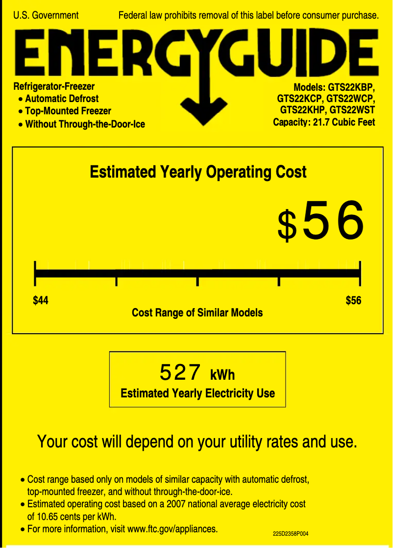 Page 1 de la notice Label énergétique GE GTS22KCPWW