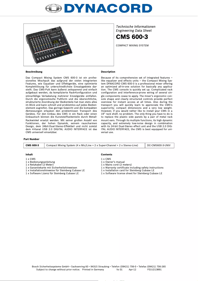 Page 1 de la notice Fiche technique Dynacord CMS 600-3